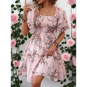 Women's Floral Print Ruffle Hem?Vintage Dress, Boho Flounce Sleeve Shirred A Line Dress, Summer Dresses, Homecoming Dresses, Capri Sun Dress, Ladies Clothes for Beach Holiday Wedding Guest Fall Wedding Guest Dress,Dresses blue  dress  girl