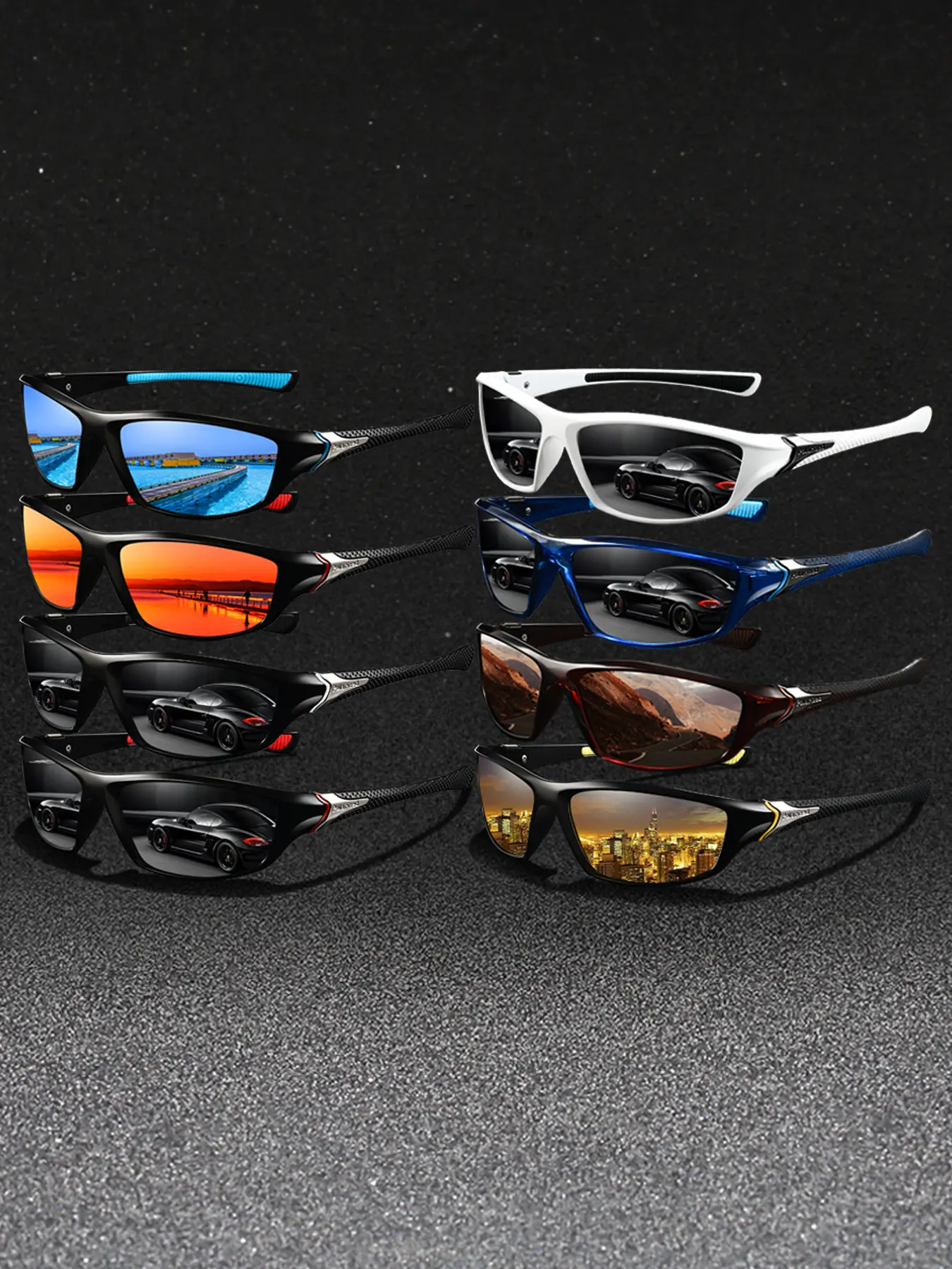 8pairs of fine check-patterned sports sunglasses, Sporty Sunglasses, Sports eyewear, available in multiple colors, suitable for various outdoor activities, offering UV protection, featuring rubber nose pads and temple tips to prevent slipping