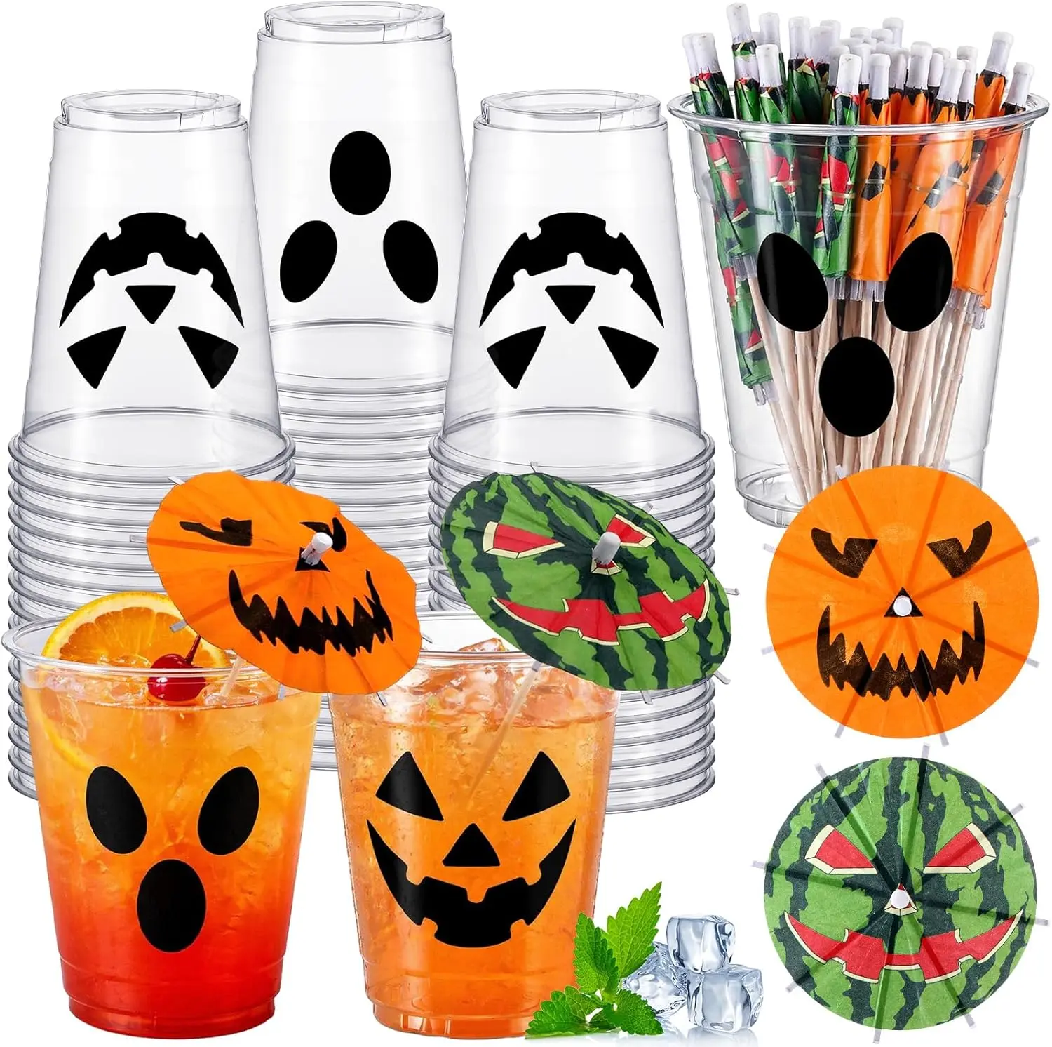 Halloween Fall Gift 24 Set 12oz  Halloween Plastic Cups with Drink Umbrella Picks Bulk Halloween Cups with Cocktail Umbrella Stirrers   Ghost Design for Trick or Treat Boo Party Supplies