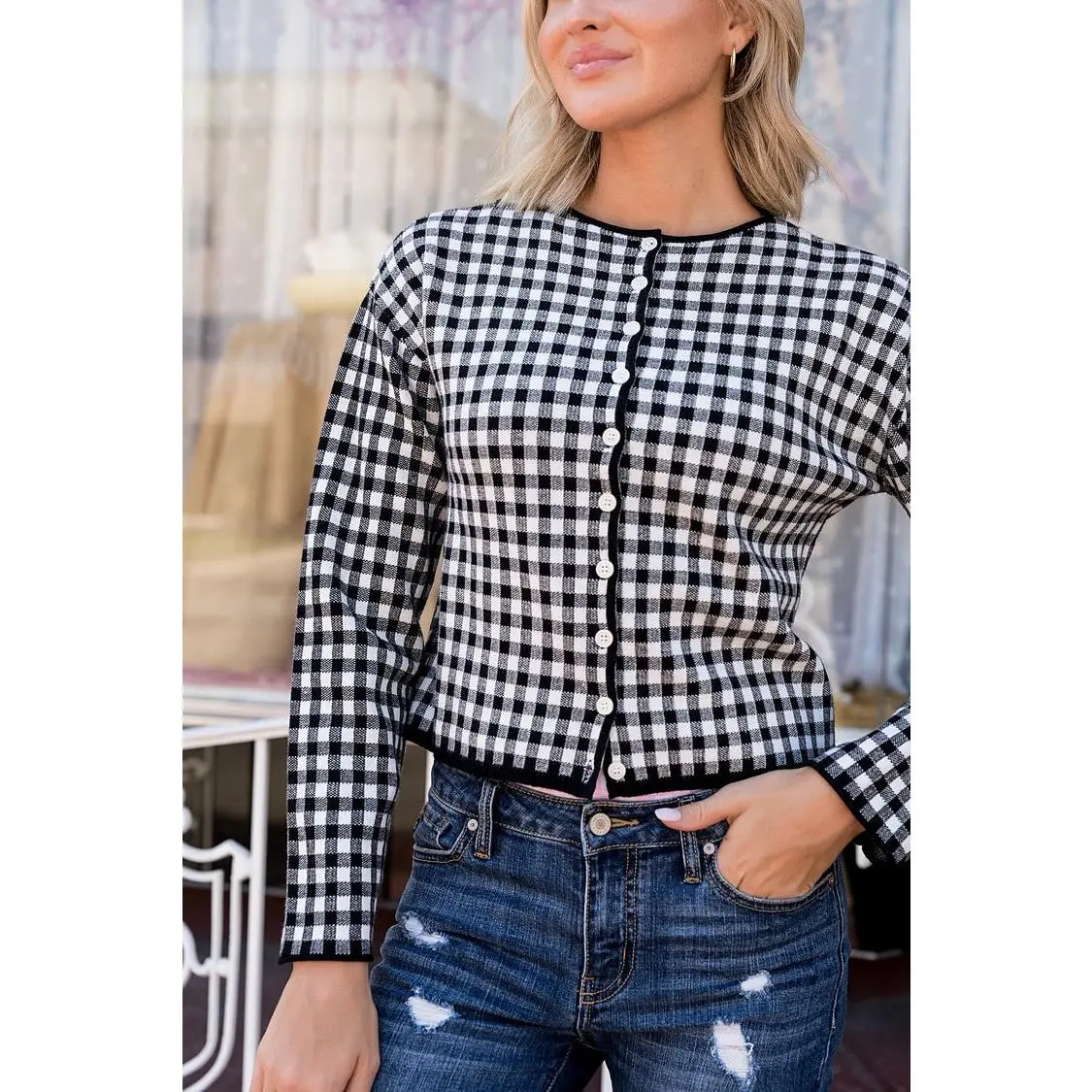 Black Gingham Cardigan