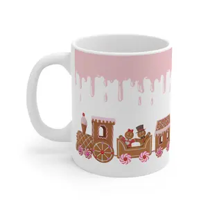 Personalized Christmas Gingerbread Pink Chocolate Decorations Mug 11oz - Holiday Gift, Custom Holiday Coffee Cup, Festive Cocoa Mug, Ceramic Drinkware Reusable Reuse Drink Washable Tumbler
