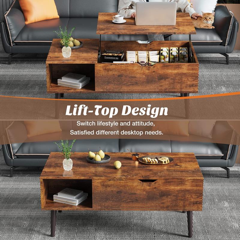 Sweet Furniture Fully Assembled Wooden Center Table, Fluted Lift Top Coffee Table with Hidden Compartment, Modern Lift Tabletop for Home Living Room Office
