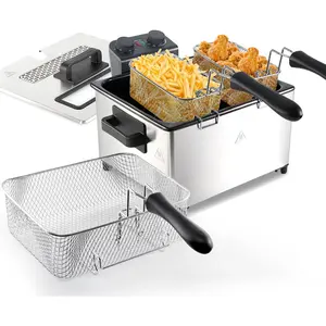 5L Deep Fryer with Basket, 1700W Electric Deep Fryer with Time & Temperature Control for Home Use, 3 Frying Baskets, Lid with View Window and Odor Free Filter, Stainless Steel, Dishwasher Safe