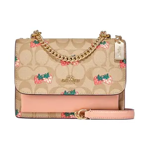 COACH Klare 18 Strawberry Print Toggle-Clasp Flap Crossbody Bag for Women – Brown and Pink Smooth Leather and Coated Canvas