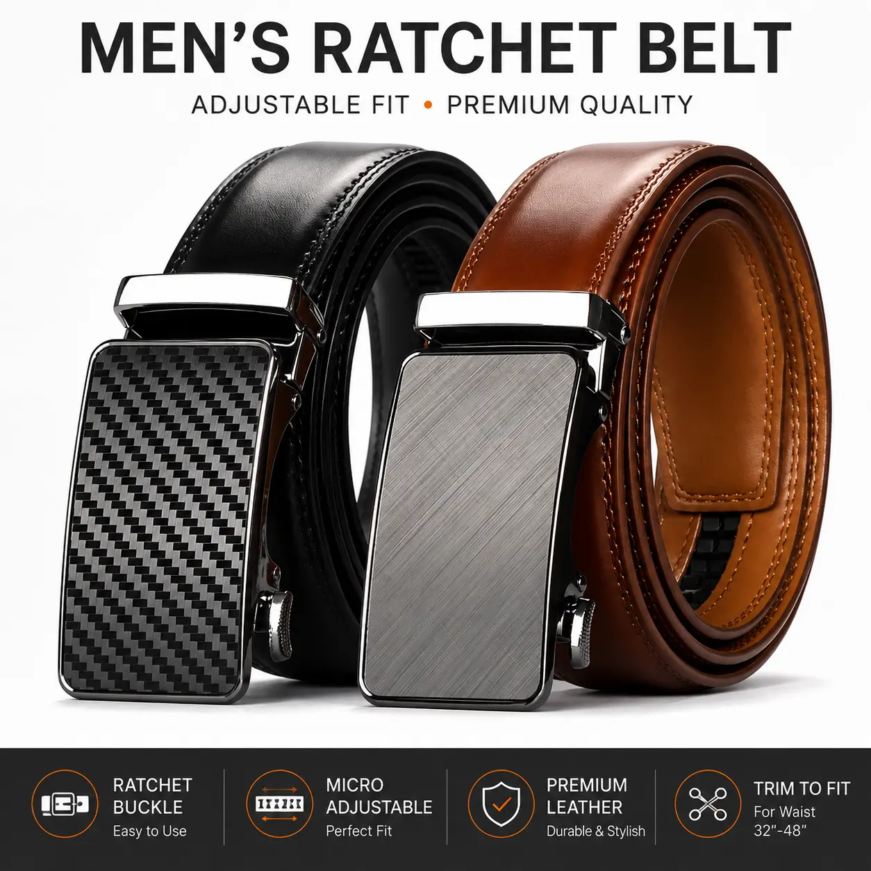 Men's Leather Ratchet Belt, Automatic Buckle Dress Belt, Adjustable Black & Brown Casual Business Belt