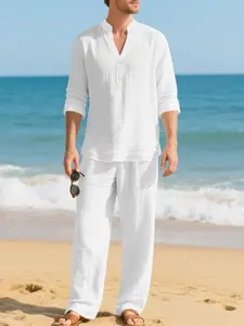 Men's solid-color linen suit set (2-piece), consisting of a classic collar button-down Henry shirt and wide-leg pants. Suitable for summer vacations and daily casual wear. It features excellent breathability for beach outfits.
