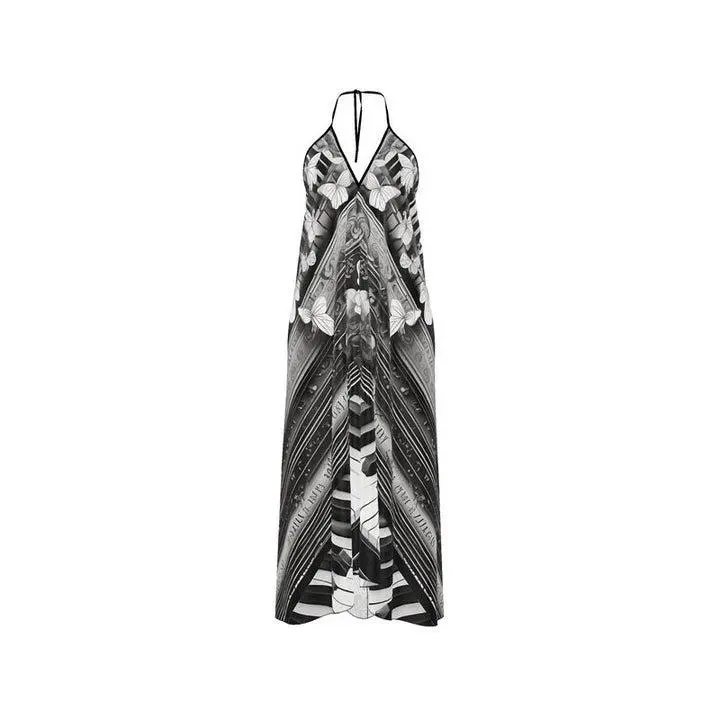 Silk Flight of the Butterfly Black & White Silk Summer Halter Dress -  Casual Luxury Silky Fabric Lightweight for Hot Evenings Formal Sleeveless -  TikTok Shop
