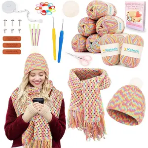Crochet Kit for Beginners-Crochet Kit for Adults Learn to Crochet Granny Square Scarf Beanie Hat, Complete Set for Crocheting Scarf w/Step-by-Step Instructions 6 Blend Yarn-Macaron