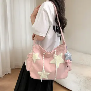 Corduroy Star Print Large Capacity Crossbody Bag, Stylish Casual Shoulder Tote with Durable Canvas, Cute Everyday Purse for Fashionable Daily Use