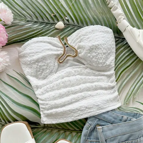 Women's Knitted Texture Strapless Backless Top, Bandeau Cropped Tops, Boho Sleeveless Top, Hollow Out Heart Metallic Buckle, Slim Fit, Boho, Bohemian, Party, Date, Beach, Music Festival, Sleeveless Clothing, Summer