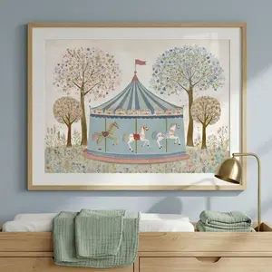 Vintage Carousel Wall Art Print: Whimsical Horse Artwork, Pastel Gender Neutral Nursery and Kids Room Decor, Mailed Print | Unframed R