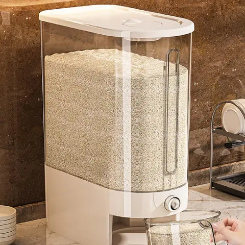 Rice Dispenser, Airtight Rice Storage Container with Measuring Cup | 22 Lb Capacity,Easy Dispensing,Convenient Access,Clear Contents Visibility,Wooden Stand Design,Space-Saving Countertop Storage #sohochic