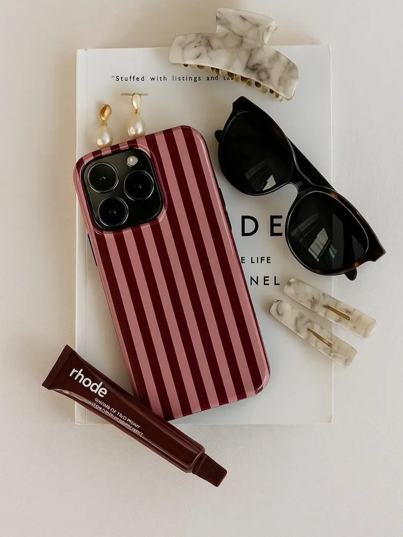 Burgundy & Pink Stripe Glossy Slim Tough Smartphone Case - Polycarbonate TPU Impact Protection for iPhone 17 ProMax,16 Plus,15 Pro Max,14,13,12,11,Air,Samsung Galaxy 22-25 Ultra 5G,Google Pixel Handheld Cellphone Devices (Ideal Gift), Casing