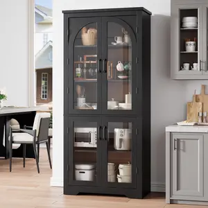 Garvee 70" Tall Kitchen Pantry Cabinet - Modern Display Cabinet with 4 Arched Glass Doors and Adjustable Shelves, Versatile Cupboard Organizers for Kitchen, Dining Room, Living Room, Bathroom, Black