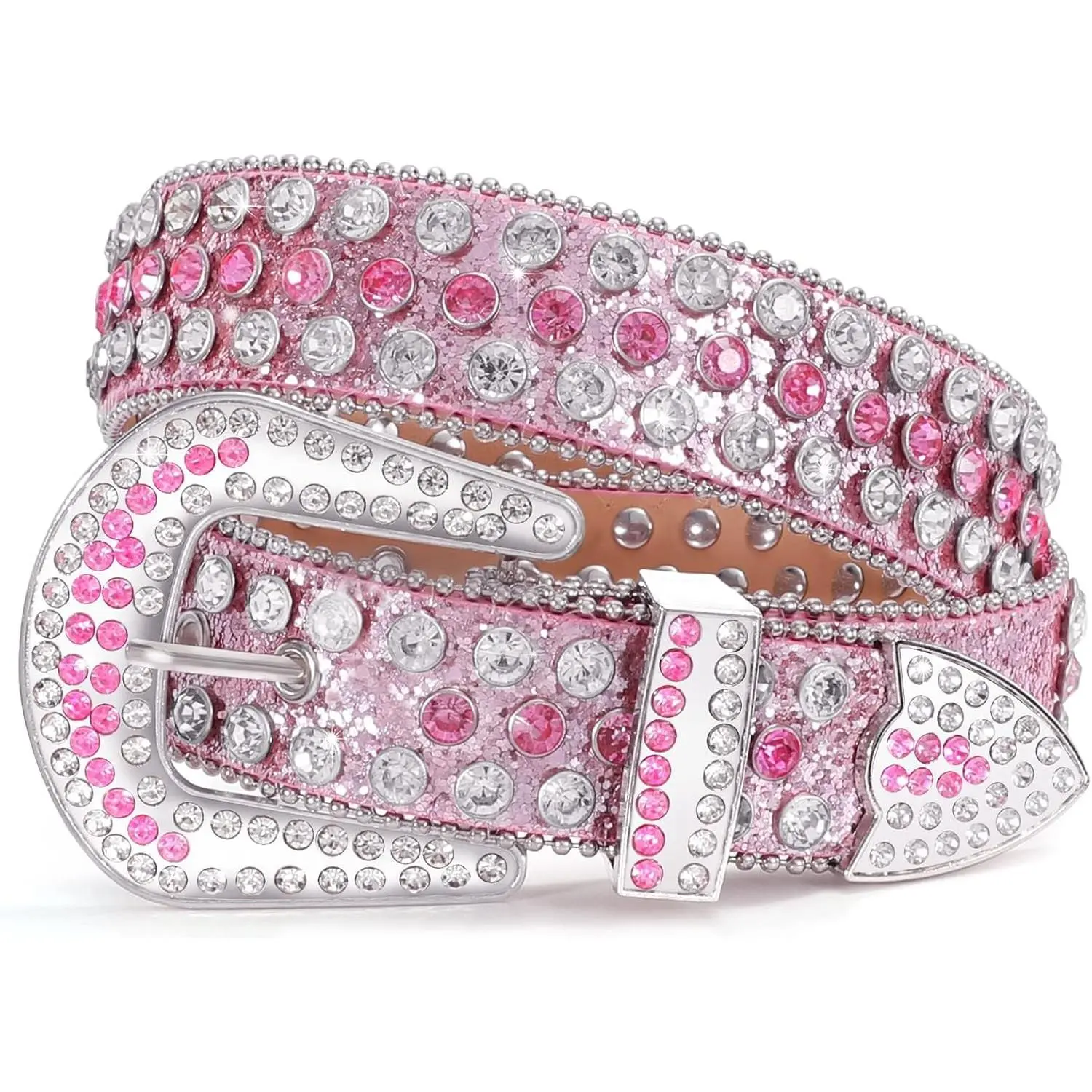 Women Men Western Rhinestone Studded Leather Belt Unisex Bling Cowgirl Cowboy Waist Belt for Jeans Pants Dress
