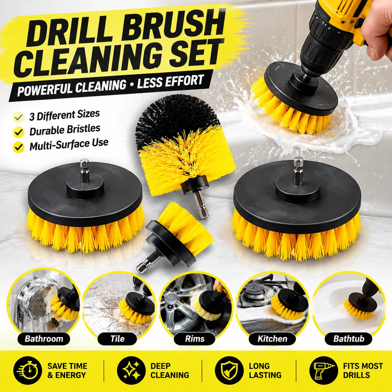 4PCS Drill Brush Attachment Set, Mult-Purpose Car Wash Brush, Rotary Detailing Brush Set, Car Carpet Cleaner Brushes for Wheel, Grout, Shower, Bathroom, Floor (Yellow)