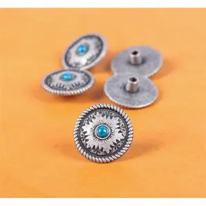 10PC 26X26MM Vintage Silver Flower Turquoise Rope Edge Screwback Craft Conchos
