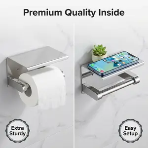 Stainless Steel Toilet Paper Holder with Shelf, Wall-Mounted Paper Roll Holder, Modern Minimalist Rustproof Bathroom Accessory