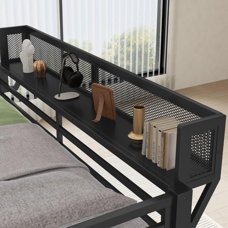 Queen Over Queen Bunk Bed with Storage Shelf and Ladder, Heavy-Duty Metal Loft Bed Frame, Noise Free, for Adults Teens,Black