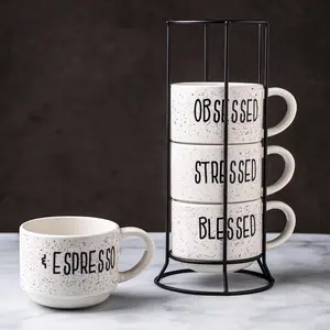 4 8 oz. White and Black Speckled Sentiment Espresso Stoneware Mugs with Rack Coffee Drinkware