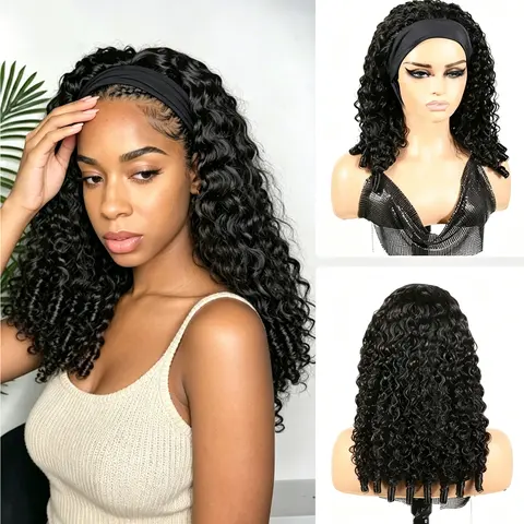 Female Burmese Curly Half Wig for Black Women - 100% Human Hair Deep Wave, Glueless Machine-Made Non-Lace Front, Adjustable Strap, Durable, Easy-Remove, Easy Throw & Go Daily Wear Natural Black Headband Wig