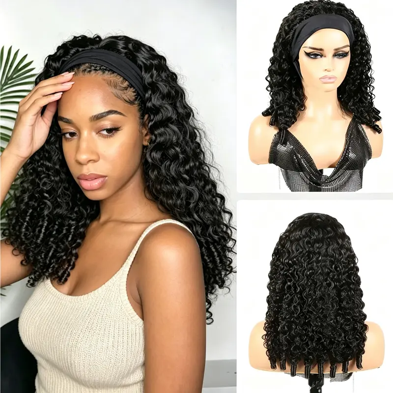 Female Burmese Curly Half Wig for Black Women - 100% Human Hair Deep Wave, Glueless Machine-Made Non-Lace Front, Adjustable Strap, Durable, Easy-Remove, Easy Throw & Go Daily Wear Natural Black Headband Wig