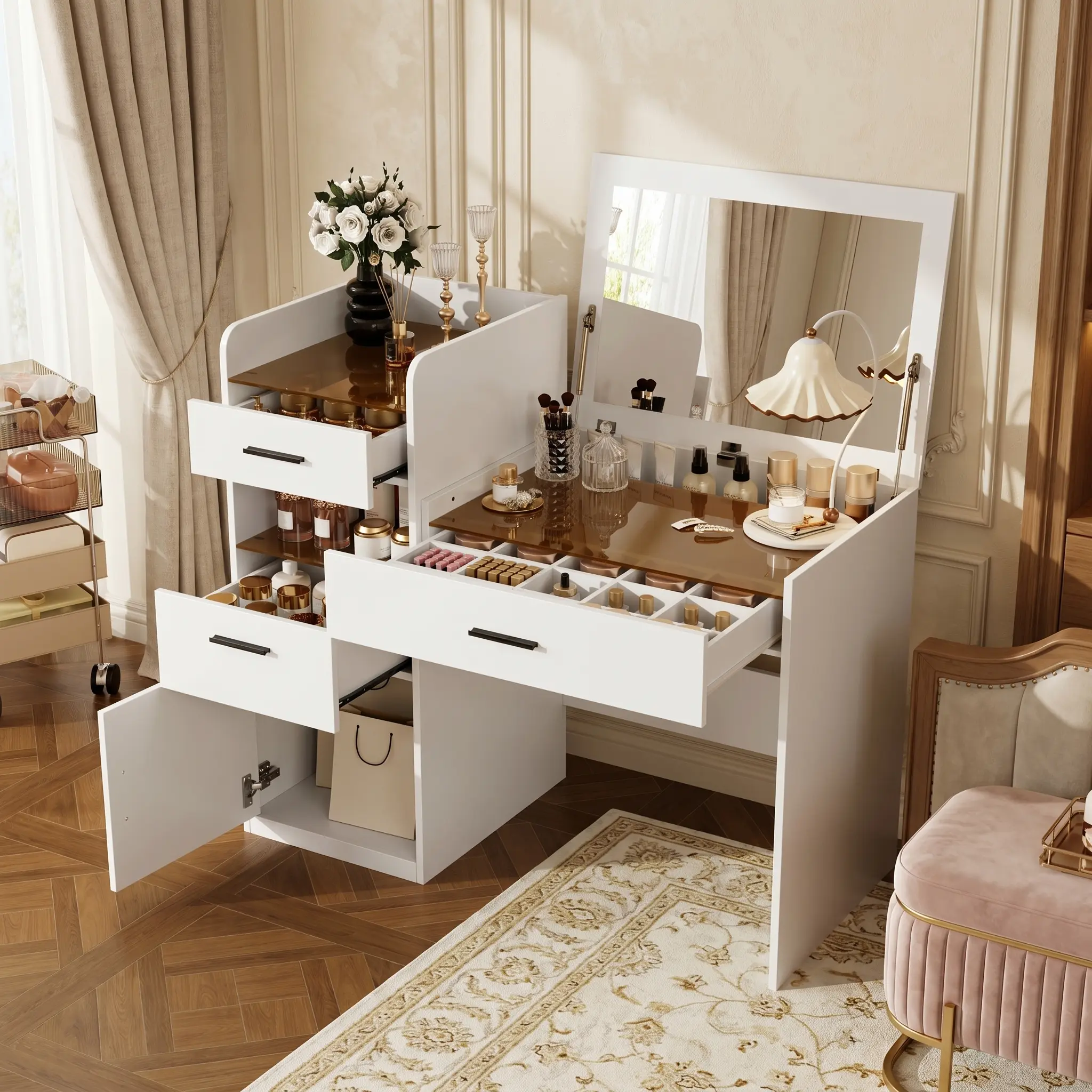 3-in-1 Multi-Functional Rectangular Contemporary Glam Dream Vanity Desk - Flip-Top Mirror, Amber Glass Tabletop, Hidden Compartment, 3 Drawers, Cabinet, MDF-Glass Build, Vanity Organization, Easy Assembly, Space-Saving Unisex Bedroom Beauty Station