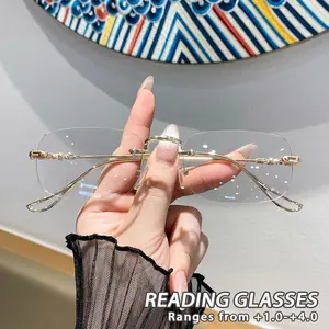 Women's Metal Square Frameless Reading Glasses, Vintage Elegant Luxury, Small Lightweight, Fashionable Old Style Eyewear