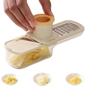 Three-in-One Multi-functional Vegetable Chopper - Stainless steel blade vegetable cutter, equipped with a garlic grinder and storage container (beige)