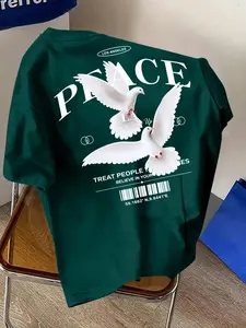 Men's Casual Design Short Sleeve T-Shirt, Base with Doves & Peace Print, Soft Fabric, Street Style, Perfect for & Gatherings, Streetwear