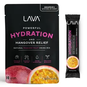 LAVA Rapid Hydration & Hangover Relief Electrolyte Powder Drink Mix (16-Pack); Passion Fruit | Natural, Low Sugar, Gluten Free, Non-Gmo. Beverage Mixer.