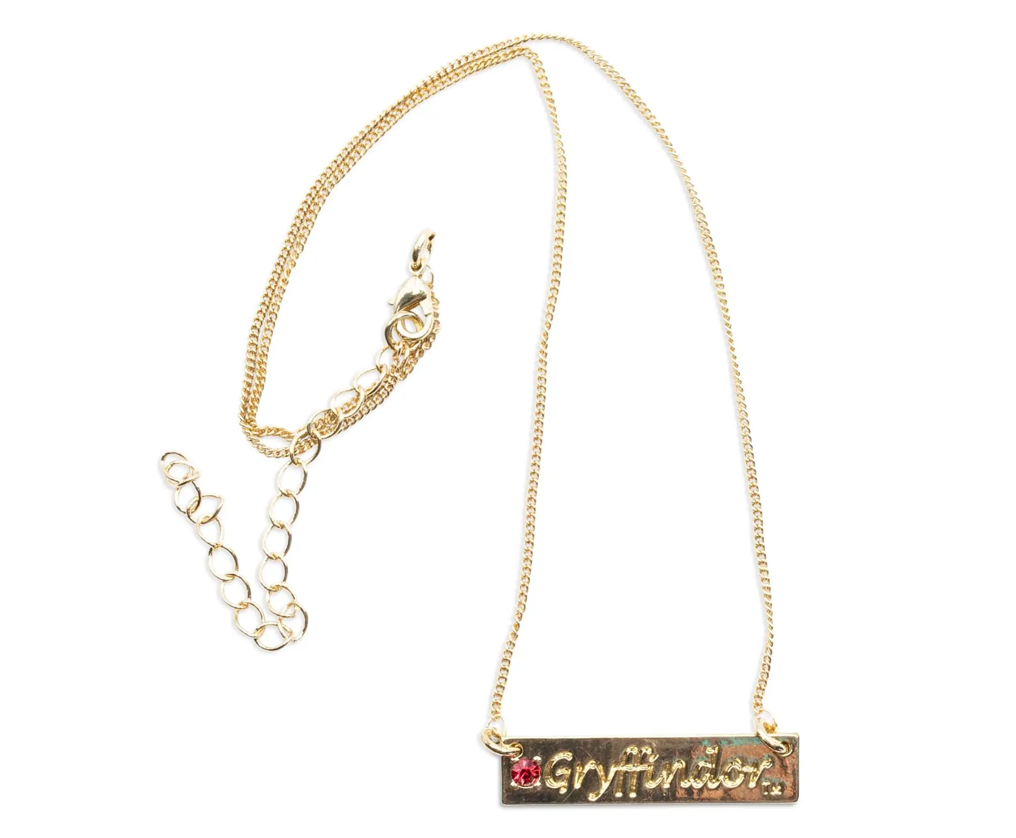 Harry Potter Gryffindor Script Bar Necklace with Stone, Engraved Lettering, Scripted