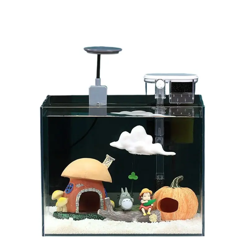 Ultra Clear Small Fish Tank Living Room Tabletop Aquascaping Complete Ecological Tank No Water Change Black Glass Background
