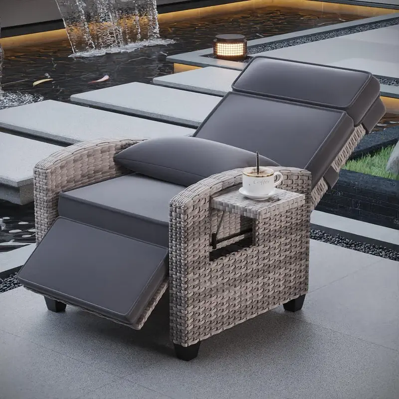 Gray Rattan Porch Chairs - Outdoor Wicker Patio Recliners with Ergonomic Adjustable Backrest, Air Pump, 150° Flat Position, Flip Table, Removable Fade-Resistant Covers, 300lb Capacity, Quick Assembly Required, Durable Indoor & Outdoor Lounge Use
