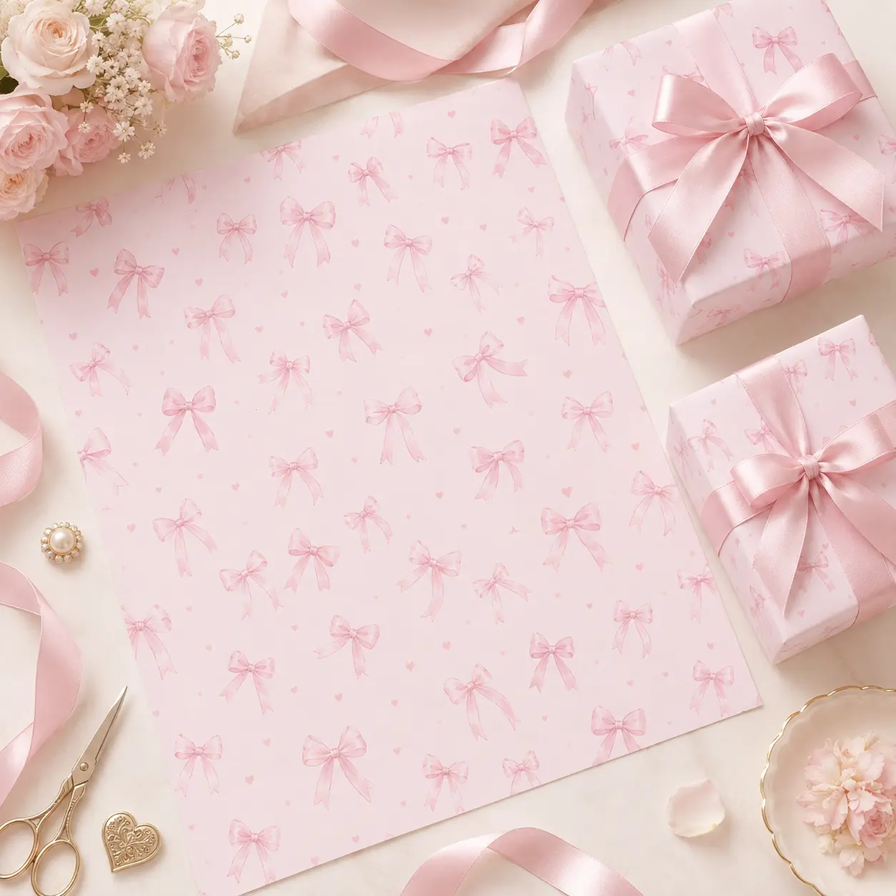 Pink Coquette Ribbon Bows Gift Wrapping Paper Sheet - Cute Watercolor Ribbon Heart Gift Wrap for Birthday Girl Baby Shower