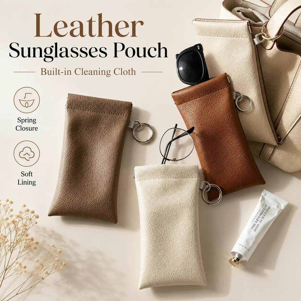 Spring Frame Leather Glasses Pouch with Built-in Cleaning Cloth, Portable Eyeglass Case with Key Ring for Sunglasses