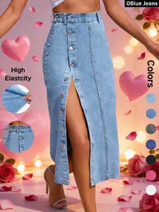 OBlue Jeans Women's  Button Front Denim Skirt, Casual Fashion  Skirt for Daily Wear, Ladies Bottoms for All Seasons, T-Chic