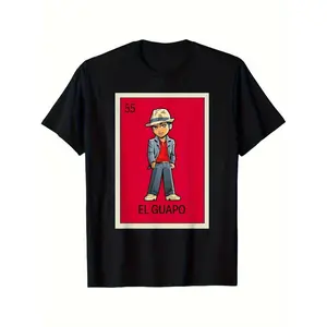 Men's Black Cotton Crew Neck Loose Fit Loteria El Guapo T-Shirt - Plus Size Casual Cultural Icon Apparel with El Guapo Character & Loteria Card Design for Mexican-Themed Parties