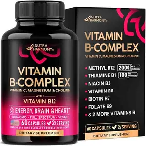 Nutra Harmony Vitamin B Complex for Men & Women - Riboflavin B2, B12, B1, B3, B5, B6, B7, B8, B9, Vitamin C, Choline, Inositol - Energy, Brain & Heart Support - Made in USA, 60 Vegan Caps