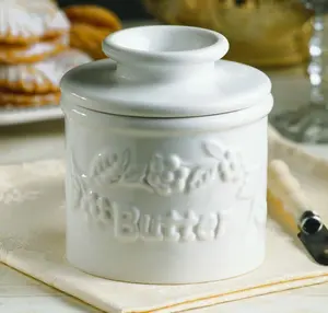 Classic White Raised Floral Butter Bell Crock