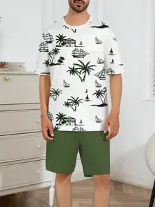 Men's Tropical Cartoon Print Short Sleeve Sleepwear Set, 2 Piece Plaid Shorts Pajama Suit, Comfortable Casual Loungewear Nightwear for Men, Pyjamas, Pjs