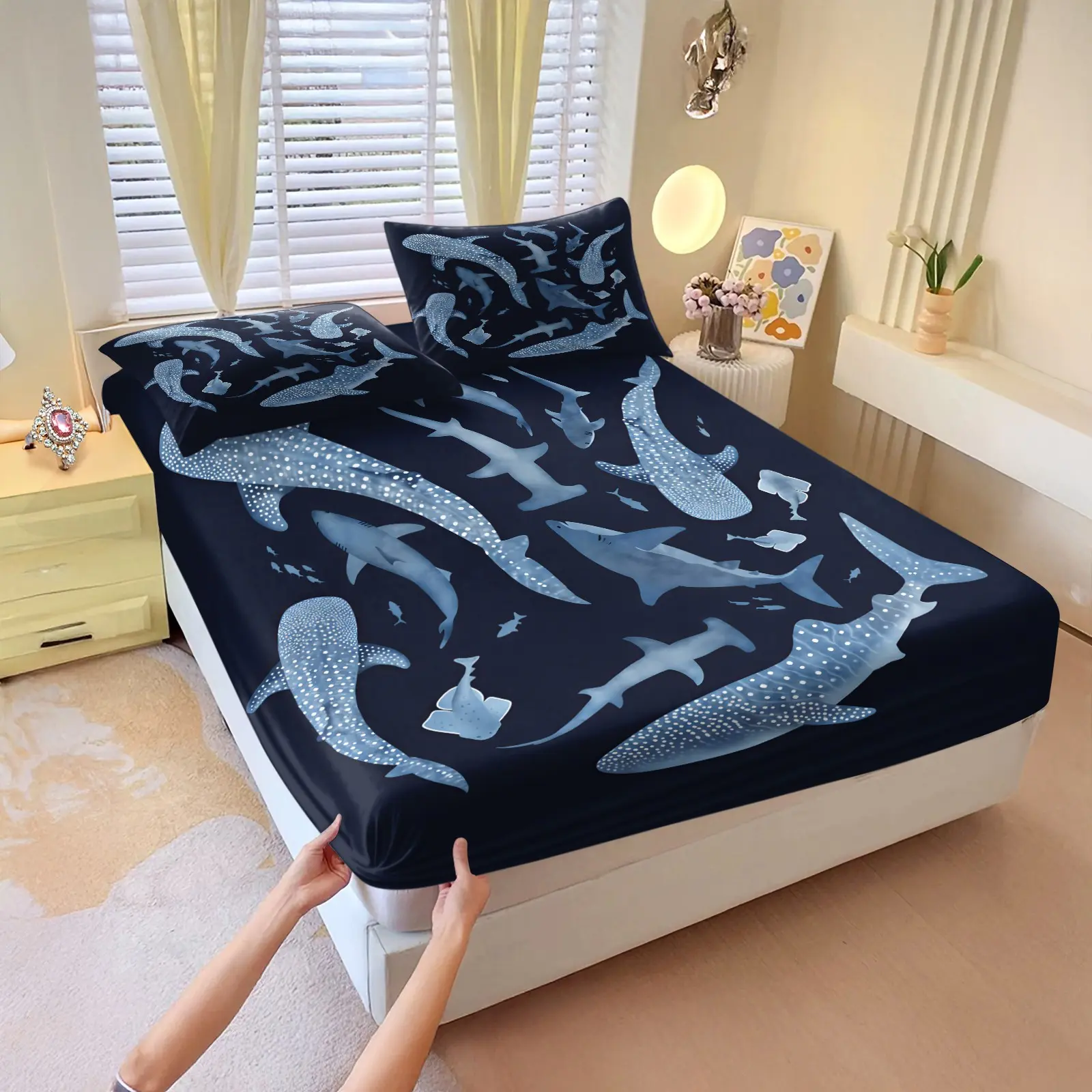 Deep Sea Shark Print Fitted Sheet Set, Bed Linens, Bedding Set, Includes 1 Fitted Sheet and 2 Pillowcases, Underwater Themed with Marine Life & Whale Shark Silhouettes, Ideal for Bedroom, Dorm & Guest Room Decor