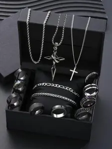 Punk Style Stainless Steel Matching Jewelry Set, Accessories for Men, Fashion Cross Pendant Necklace & Chain Bracelet & Ring Jewelry for Party, Daily Clothing Decor, Trendy All-match & Exquisite Jewelry for Birthday Gift