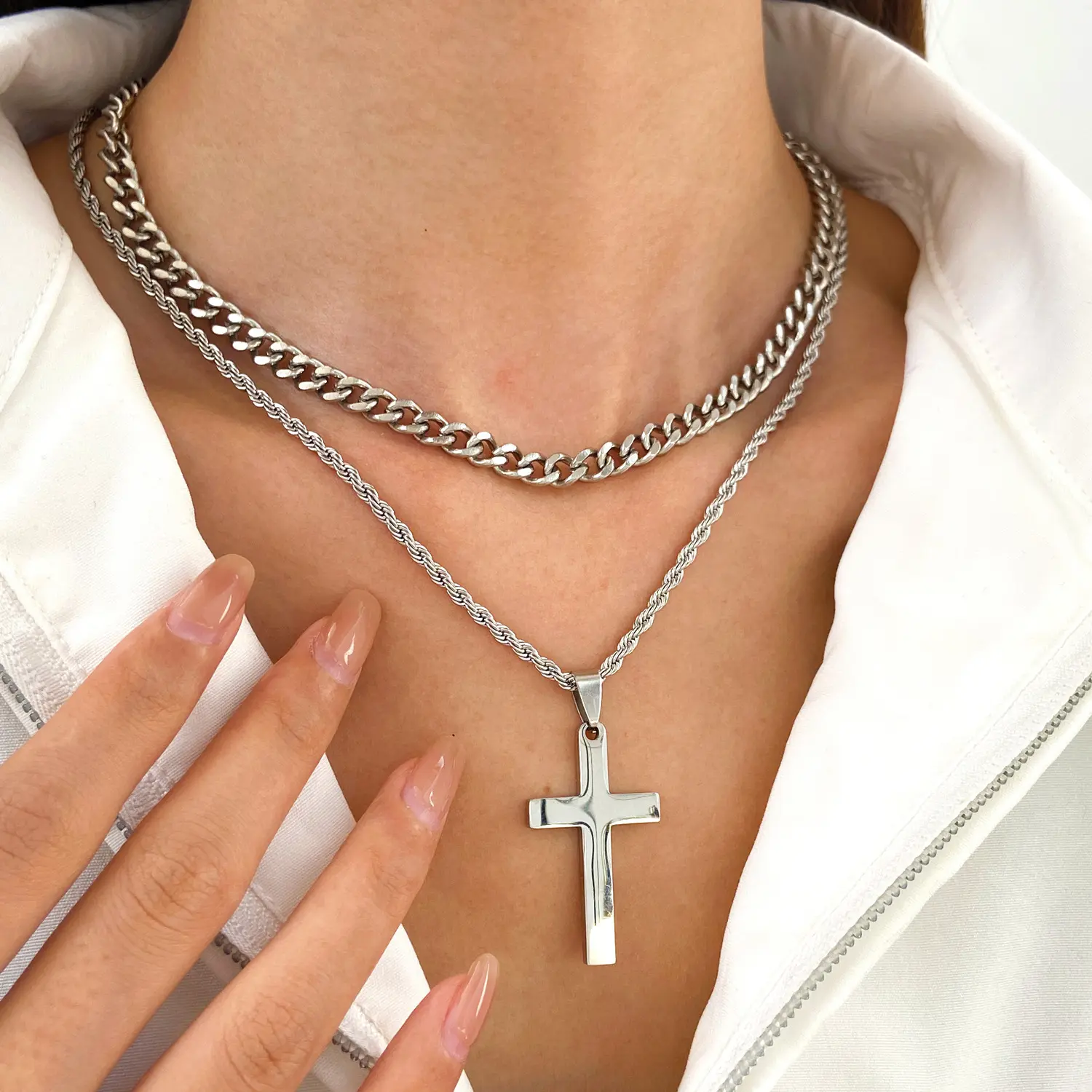 Stainless Steel Cross Layered Necklace for Men Women, Cross Pendant with 18-24 Inch Cuban Link Rope Chain