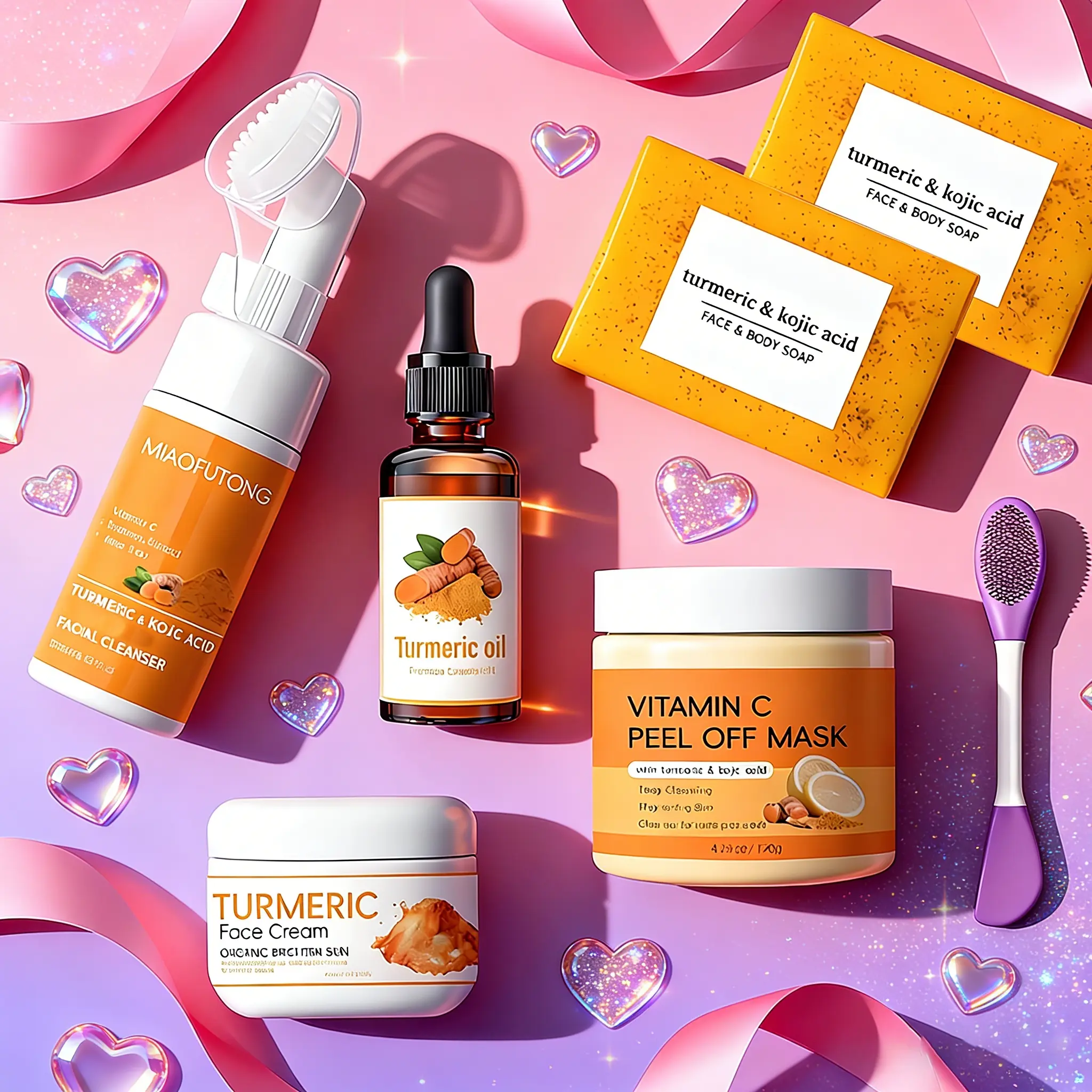 Turmeric Skincare 6-Piece Set, Turmeric Radiance Set, Ultimate Glow Face Care Kit, Brightening Soaps + Vitamin C Peel-Off Mask + Brightening Cream + Cleanser, delivers deep cleansing, brightening, moisturizing & nourishing, perfect Valentine's gift!