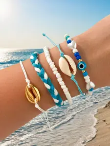 5pcs Set Handmade Seashell Beaded Bracelets - Charming Seashell & Pearl Bracelet Set for Women