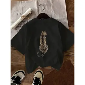 Leopard Back Graphic Tee Oversized Streetwear Crewneck Short Sleeve Casual Summer Outfit Soft Breathable Trendy Everyday Wear
