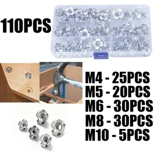 110pcs Carbon Steel Four-Prong T-Nut Bolts (m3/m4/m5/m6/m8), Wood Furniture Blind Hole Insert Nuts, Durable Fasteners for DIY Projects