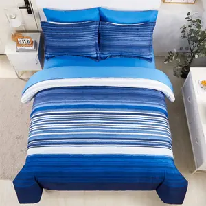 7 a Bag Stripe Comforter Full Size, White and Blue Patchwork Striped Comforter and Sheet, Microfiber Complete Sets(Blue,Full)