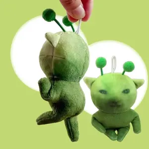 Cute Green Alien Cat Poseable Soft Red Scarf Alien Kitten Deformable Cartoon Ugly Cute Plushie Keychain Anime Fans Gifts